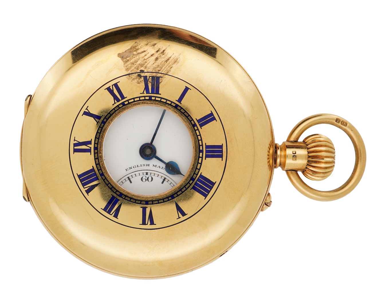 A George V 18ct gold half hunter keyless lever pocket watch, retailed by Mappin